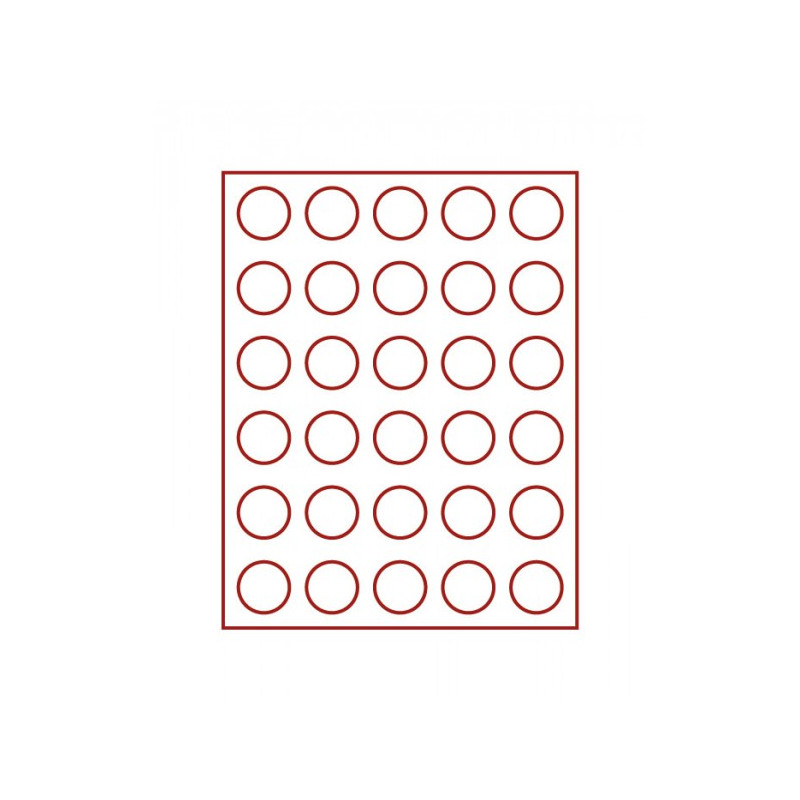 Plateau velours rouge foncé à  30 alvéoles ronds pour monnaies Ø 36 mm