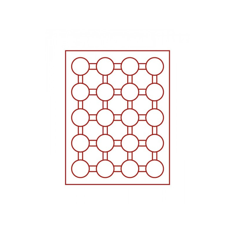 Plateau velours rouge foncé à  20 alvéoles ronds pour capsules Ø ext. 42 mm