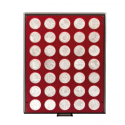 Plateau velours rouge foncé à  35 alvéoles ronds pour monnaies Ø32,5 mm, par ex. pour 20 Euro-/10 Euro- Argent Allemagne
