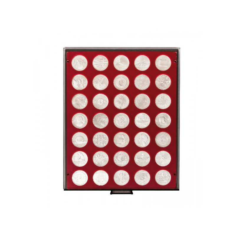 Plateau velours rouge foncé à  35 alvéoles ronds pour monnaies Ø32,5 mm, par ex. pour 20 Euro-/10 Euro- Argent Allemagne