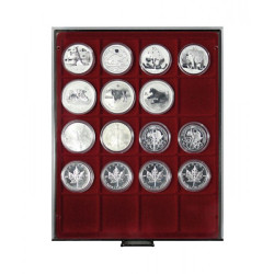 Plateau velours rouge foncé à  20 alvéoles carrés extra profondes pour monnaies/capsules jusqu'à  Ø 51 mm