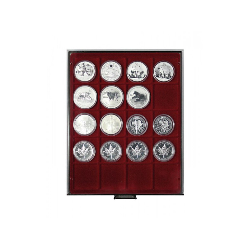 Plateau velours rouge foncé à  20 alvéoles carrés extra profondes pour monnaies/capsules jusqu'à  Ø 51 mm