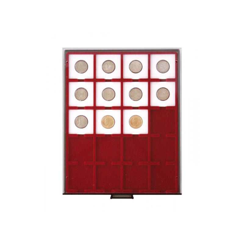 Plateau velours rouge foncé à  20 alvéoles carrés pour étuis numismatiques 50x50 mm/capsules CARRÉE/OCTO