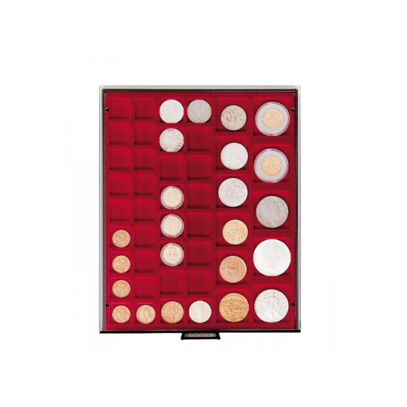 Plateau velours rouge foncé à  45 alvéoles carrés pour monnaies/capsules jusqu'à  Ø 24, 28, 39 et 44 mm