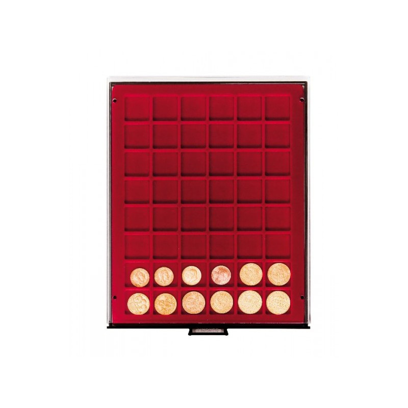 Plateau velours rouge foncé à  48 alvéoles carrés pour monnaies/capsules jusqu'à  Ø 30 mm