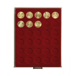 Plateau velours rouge foncé à  30 alvéoles ronds pour monnaies Ø 34 mm
