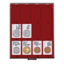 Plateau velours rouge foncé à  12 alvéoles rectangulaires pour étuis REBECK COIN L 75x50 mm