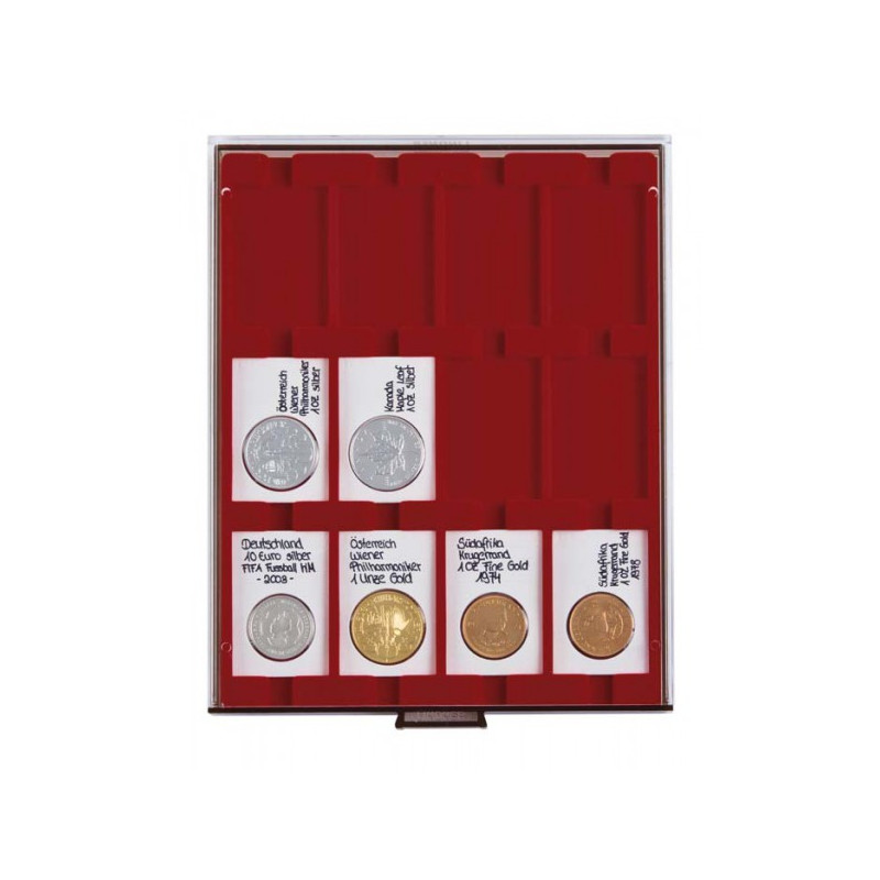 Plateau velours rouge foncé à  12 alvéoles rectangulaires pour étuis REBECK COIN L 75x50 mm