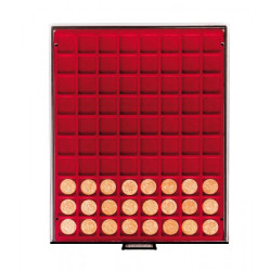 Plateau velours rouge foncé à  80 alvéoles carrés pour monnaies/capsules jusqu'à  Ø 24 mm