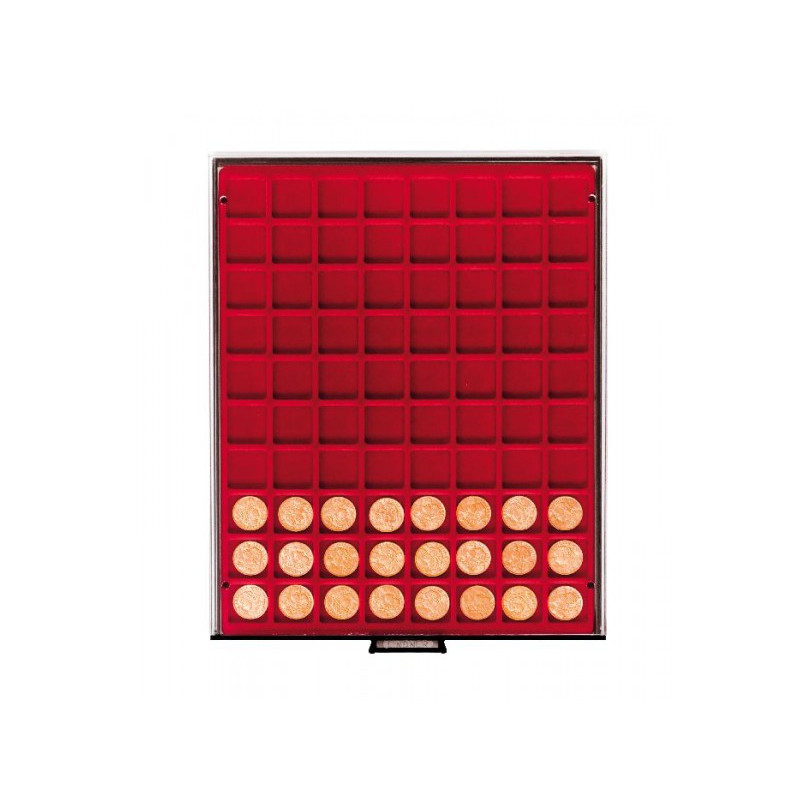 Plateau velours rouge foncé à  80 alvéoles carrés pour monnaies/capsules jusqu'à  Ø 24 mm