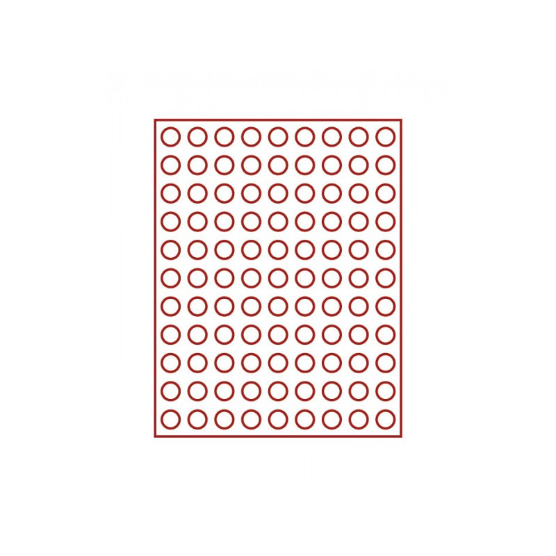 Plateau velours rouge foncé à  99 alvéoles ronds pour monnaies Ø 19,25 mm