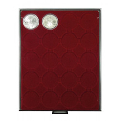 Plateau velours rouge foncé à  20 alvéoles ronds  pour capsules Ø ext. 48 mm