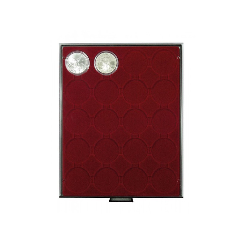 Plateau velours rouge foncé à  20 alvéoles ronds  pour capsules Ø ext. 48 mm