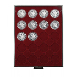 Plateau velours rouge foncé à  20 alvéoles ronds pour capsules Ø ext. 44 mm