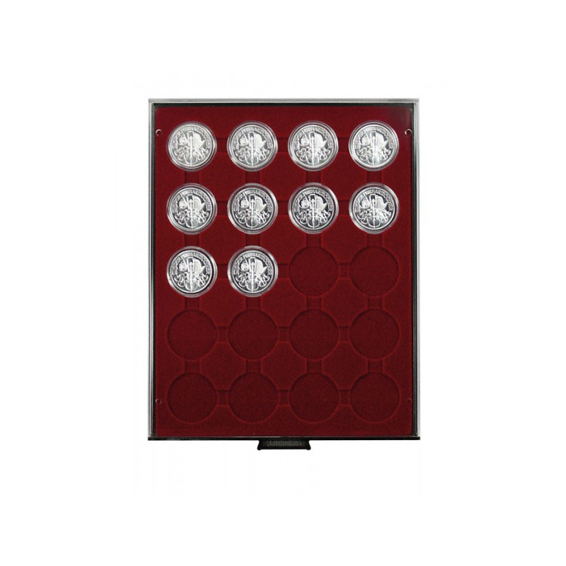 Plateau velours rouge foncé à  20 alvéoles ronds pour capsules Ø ext. 44 mm