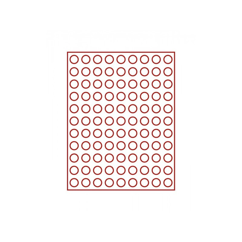 Plateau velours rouge foncé à  99 alvéoles ronds pour monnaies Ø 20 mm