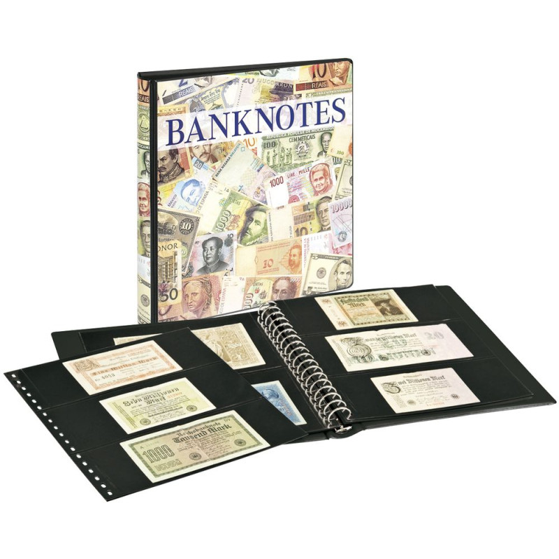 Album pour billets de banque avec 10 feuilles transparentes en 2 versions et intercalaires noirs avec boitier 814