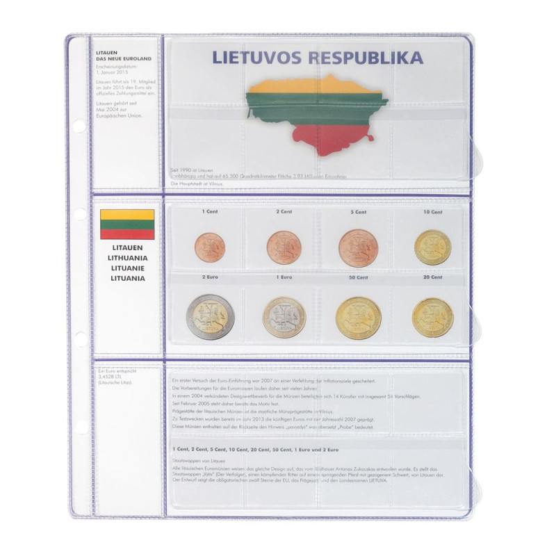Feuille pré-imprimée EURO COLLECTION pour 3 séries Euro courantes Lituanie