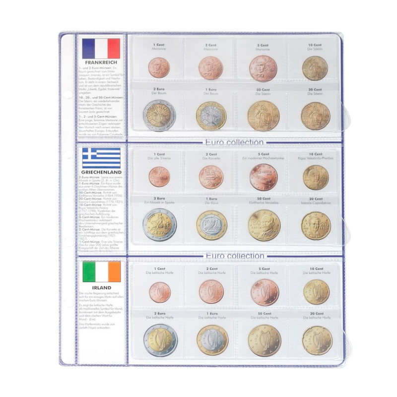 Feuille pré-imprimée EURO COLLECTION pour séries Euro courantes France/Grèce/Irlande