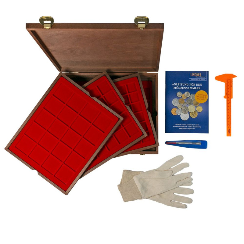 LINDNER Coffret numismatique bois massif avec 4 plateaux rouge vif pour 127 monnaies de divers diamètres, et divers accessoir