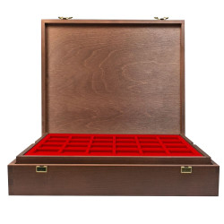 LINDNER Coffret numismatique bois massif avec 4 plateaux rouge vif pour 80 monnaies de diamètre 47 mm, et divers accessoires