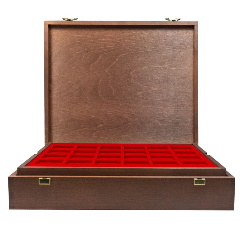 LINDNER Coffret numismatique bois massif avec 4 plateaux rouge vif pour 80 monnaies de diamètre 47 mm, et divers accessoires