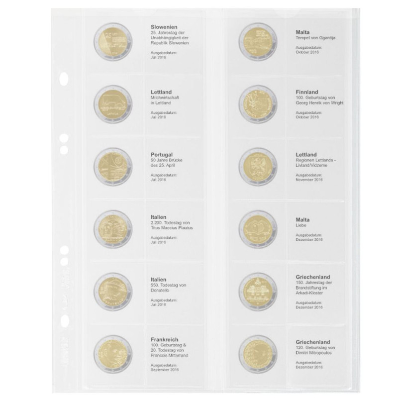 Multi collect Feuille numismatique pré-imprimée pour 2 Euro commémoratives: Slovénie-Juillet 2016 à  Grèce-Décembre 2016