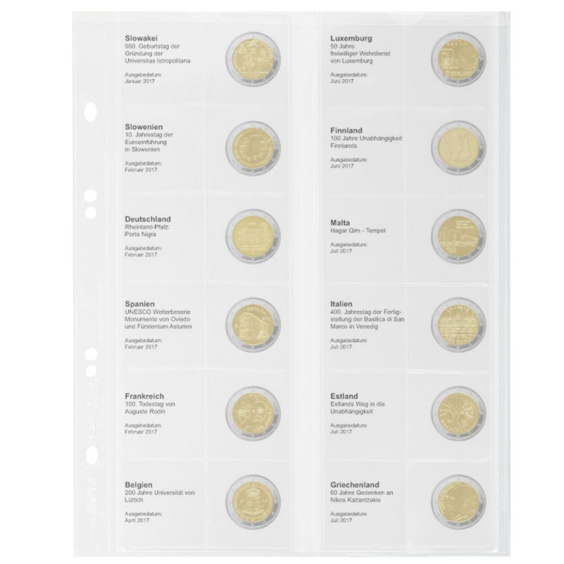 Multi collect Feuille numismatique pré-imprimée pour 2 Euro commémoratives: Slovaquie 2017 - Grèce 2017