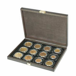 Coffret bois massif CARUS XM à  12 alvéoles carrés pour monnaies/capsules jusqu'à  Ø ext. 52 mm
