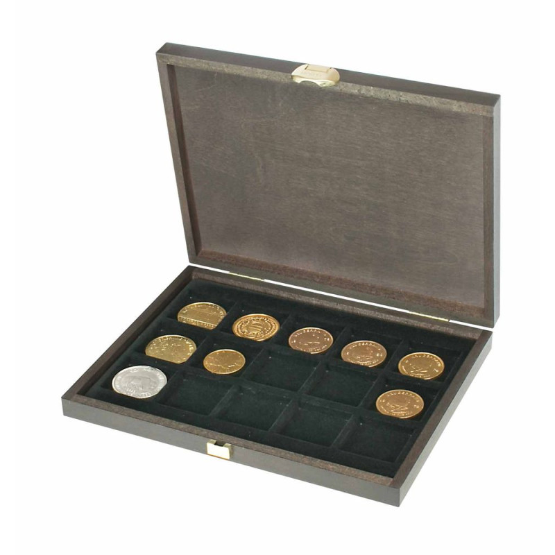 Coffret bois massif CARUS XM à  15 alvéoles carrés pour monnaies/capsules  jusqu'à  Ø ext. 40 mm