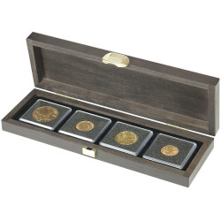 Coffret bois massif CARUS S à  4 alvéoles carrés pour monnaies ou capsules jusqu'à  Ø ext. 52 mm