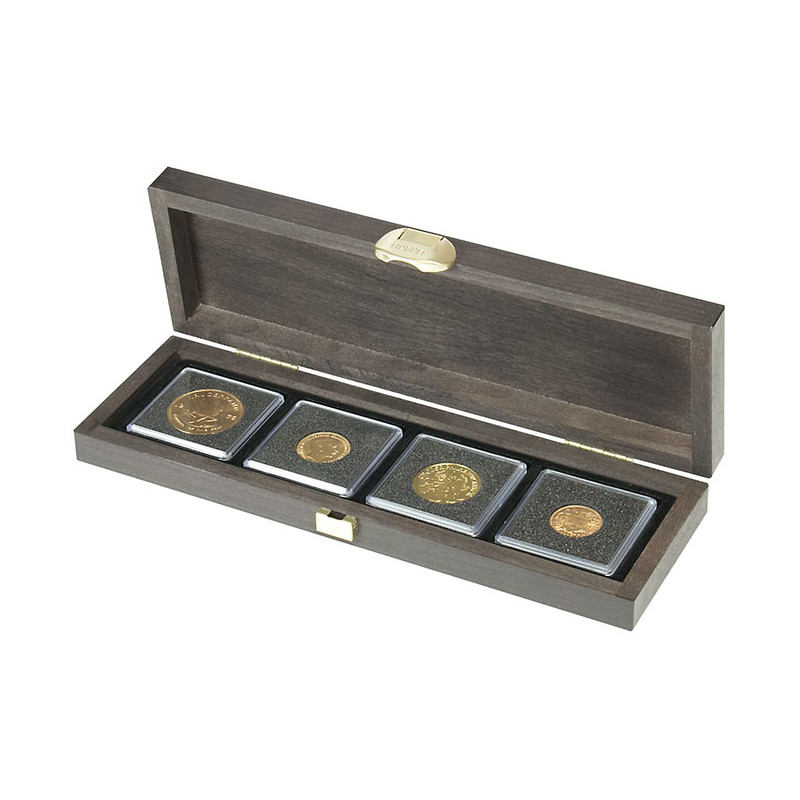 Coffret bois massif CARUS S à  4 alvéoles carrés pour monnaies ou capsules jusqu'à  Ø ext. 52 mm