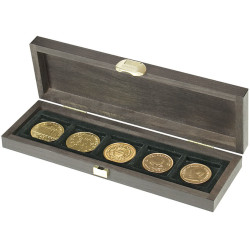 Coffret bois massif CARUS S à   5 alvéoles carrés pour monnaies ou capsules jusqu'à  Ø ext. 40 mm