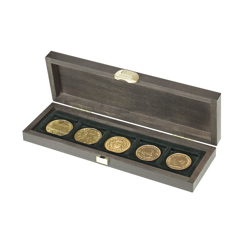 Coffret bois massif CARUS S à   5 alvéoles carrés pour monnaies ou capsules jusqu'à  Ø ext. 40 mm