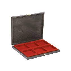 Coffret de collection en bois massif  CARUS-1 avec plateau rouge vif à  6 alvéoles carrés 85 x 85 mm