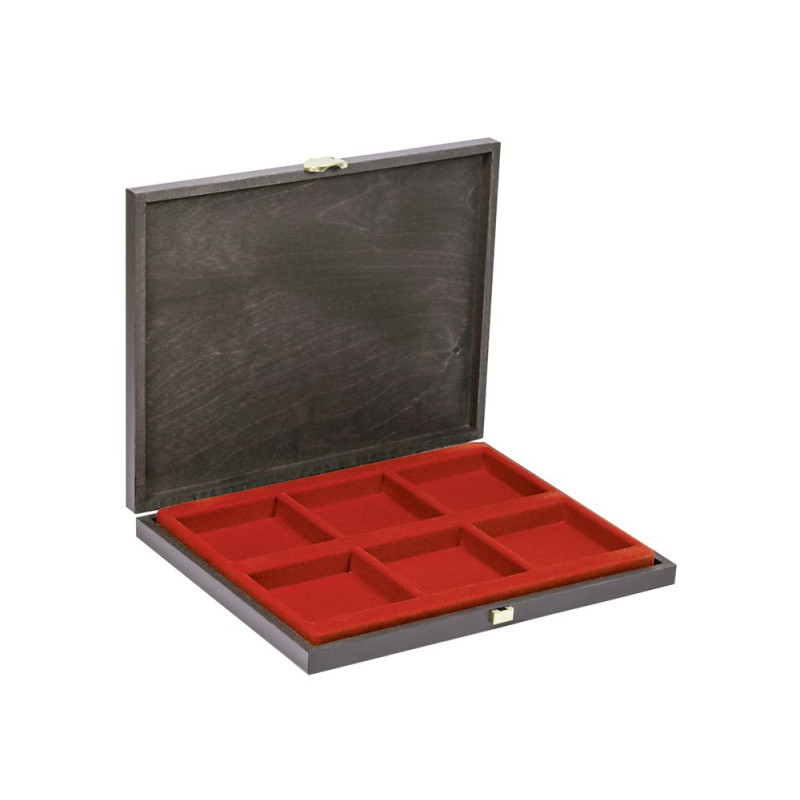Coffret de collection en bois massif  CARUS-1 avec plateau rouge vif à  6 alvéoles carrés 85 x 85 mm
