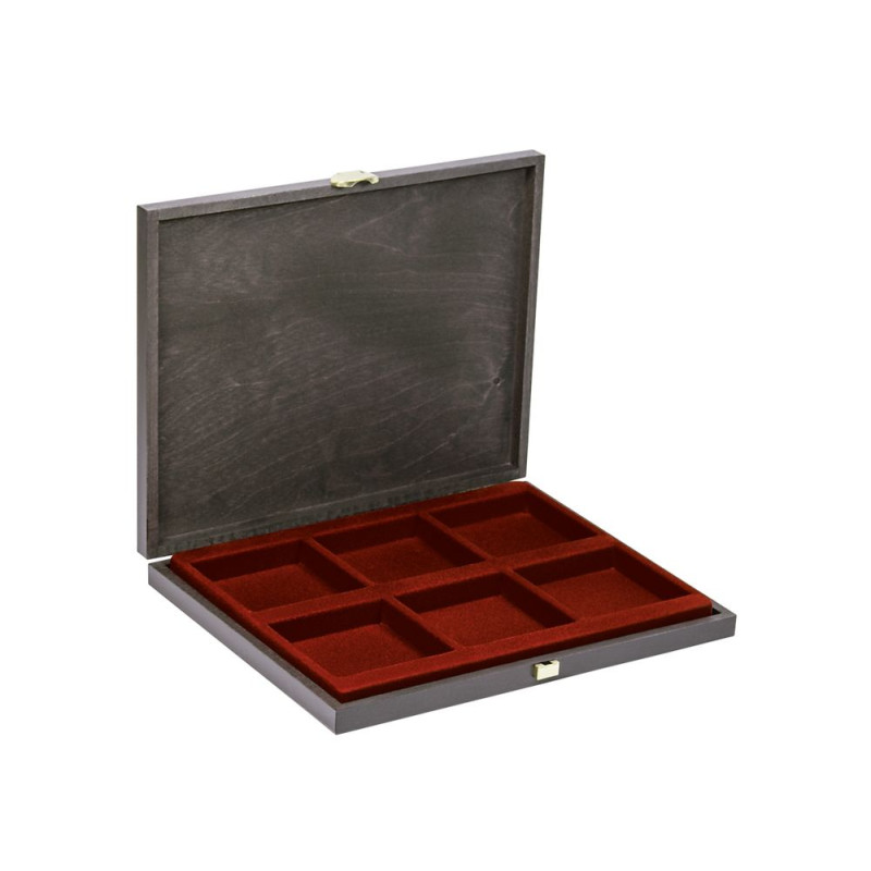 Coffret de collection en bois massif  CARUS-1 avec plateau rouge foncé à  6 alvéoles carrés 85 x 85 mm