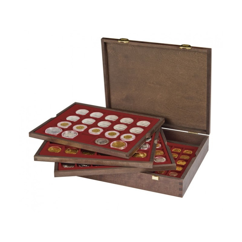 LINDNER Coffret numismatique en bois massif avec 4 plateaux pour 127 monnaies de divers diamètres -  ÉDITION SPÉCIALE