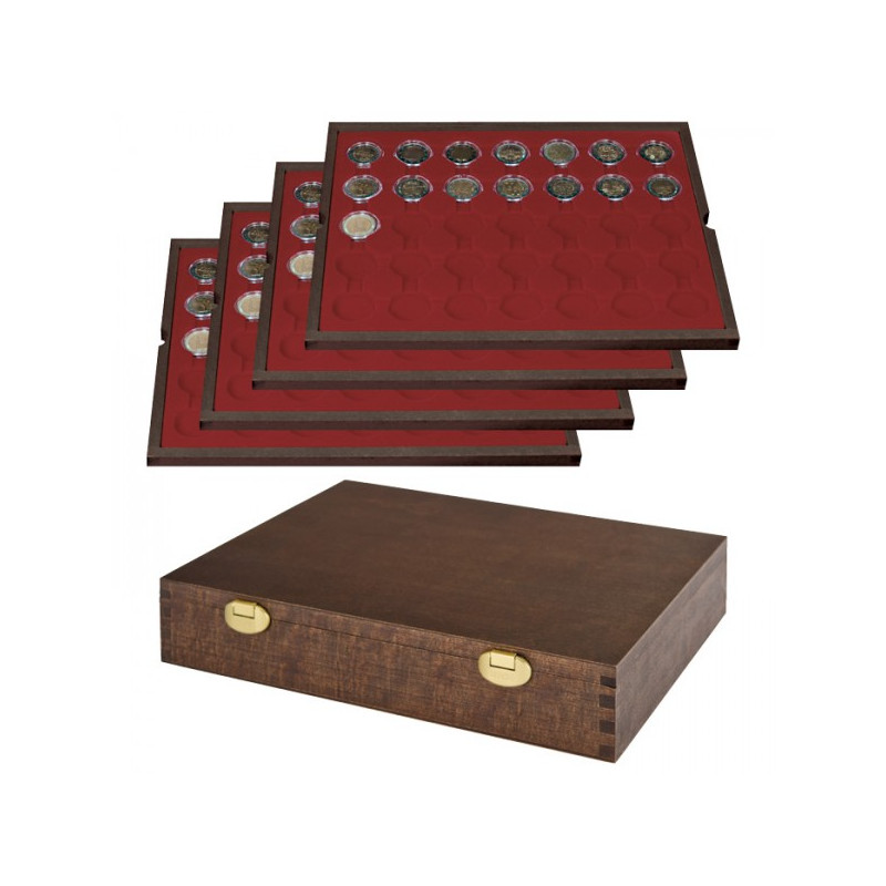 LINDNER Echtholz Münzkassette mit 4 Tableaus für 140 Münzkapseln mit Außen-Ø 32 mm, z.B. für 2 Euro-Münzen in LINDNER Münzkap