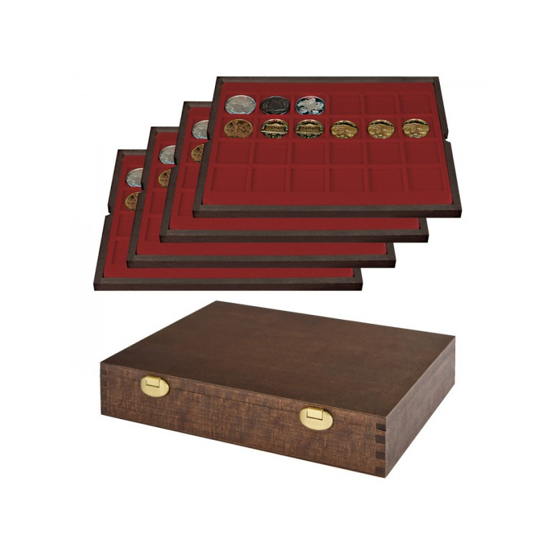 LINDNER Coffret numismatique en bois massif avec 4 plateaux pour 96 monnaies/capsules jusqu€™à  Ø 42 mm -  ÉDITION SPÉCIALE