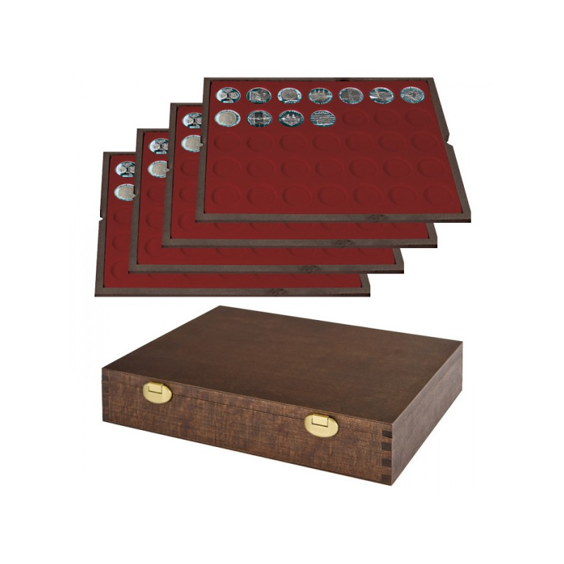 LINDNER Coffret numismatique en bois massif avec 4 plateaux pour 140 monnaies de Ø 32,5 mm €“ par ex. pour monnaies Allemagne