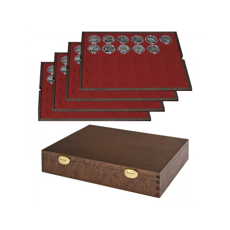 LINDNER Coffret numismatique en bois massif avec 4 plateaux pour 120 capsules de Ø ext. 37 mm €“ par ex. pour monnaies Allema