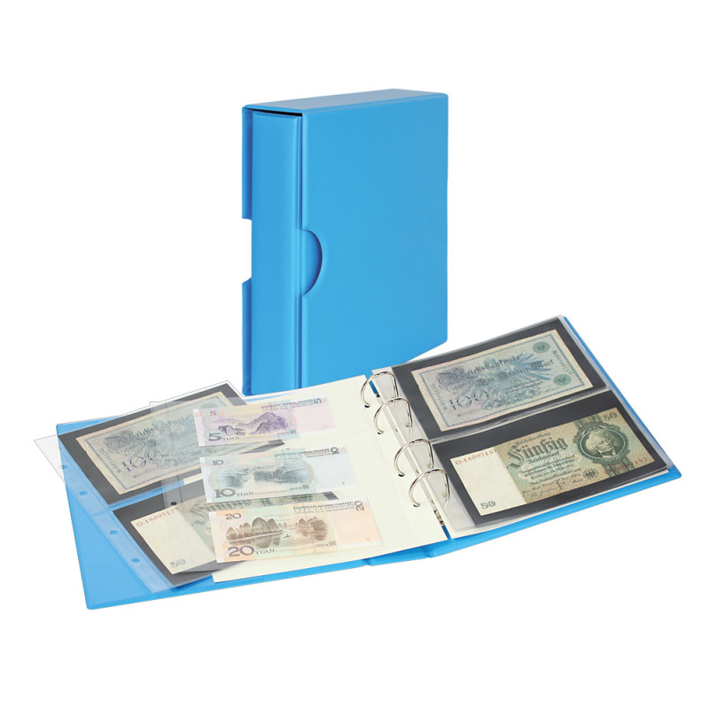 Album PUBLICA M COLOR pour billets de banque avec 10 feuilles en 2 versions, utilisables recto-verso - Nautic (bleu) - avec b