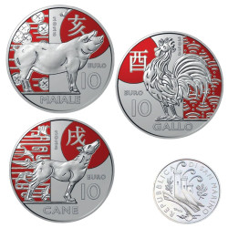 Saint Marin 2025 – Série complète 3x10 euros commémoratives UNC – Le Coq, Le Chien et le Cochon