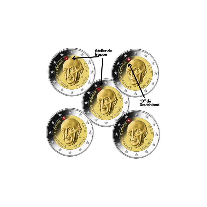 Allemagne 2026 - 2 euro commémorative - Konrad Adenauer x 5- (les 5 ateliers A, D, F, G et J)
