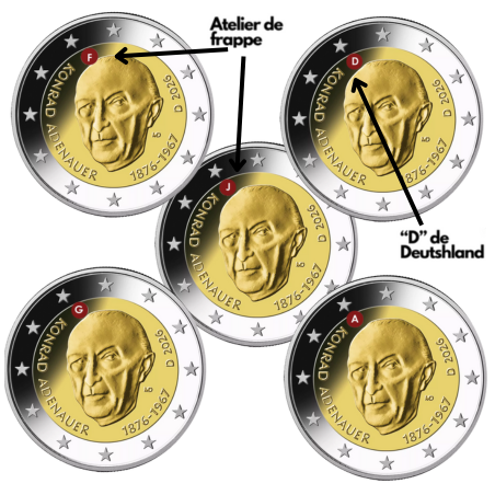 Allemagne 2026 - 2 euro commémorative - Konrad Adenauer x 5- (les 5 ateliers A, D, F, G et J)