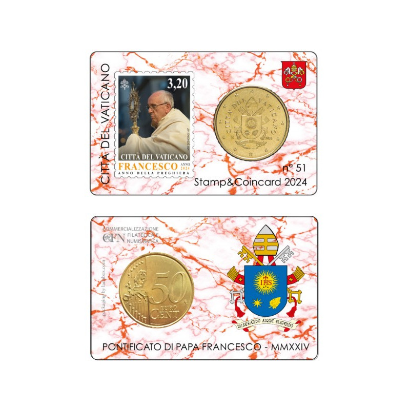 Vatican 2024- Collection complète- Coincards 50cts + timbre x 4