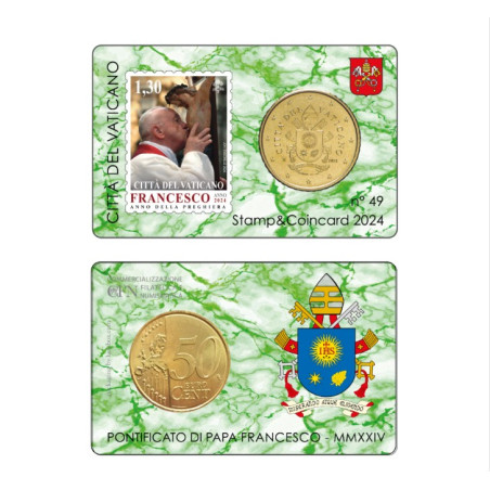Vatican 2024- Collection complète- Coincards 50cts + timbre x 4