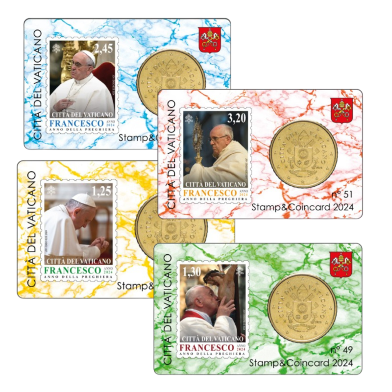 Vatican 2024- Collection complète- Coincards 50cts + timbre x 4