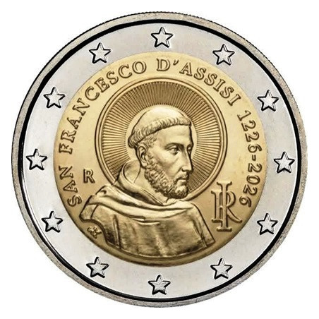Italie 2026 - 2 euro commémorative - Saint Francois d'assis-CADEAU - Rouleau de 25 pièces
